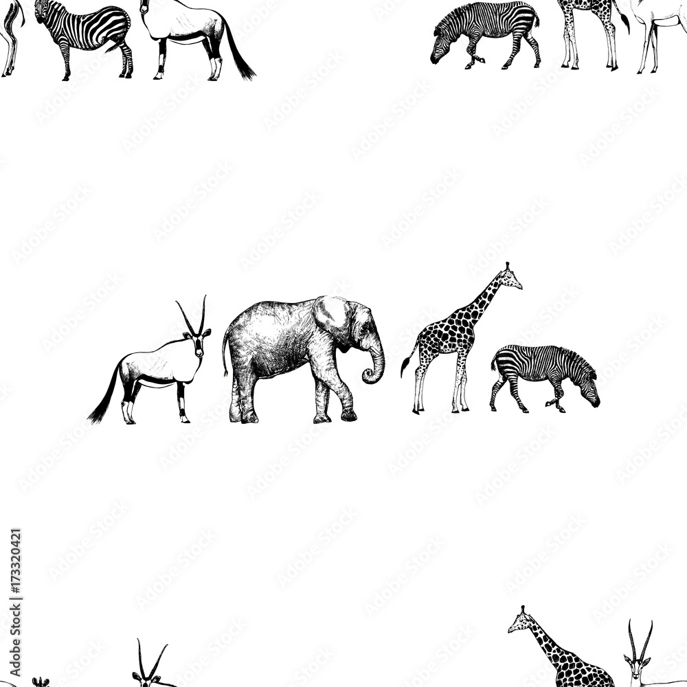 Fototapeta premium Seamless pattern of hand drawn sketch style oryx, elephant, giraffe and zebra. Vector illustration isolated on white background.