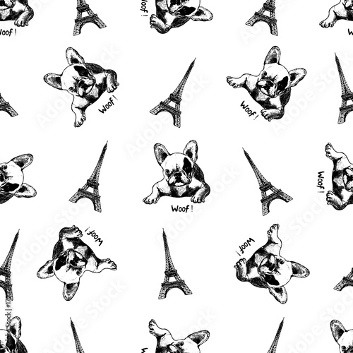 Photography Seamless pattern of hand drawn sketch style Eiffel Tower and french bulldog