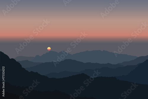 Misty dark blue mountains with rising sun on red sky in Borneo vector.