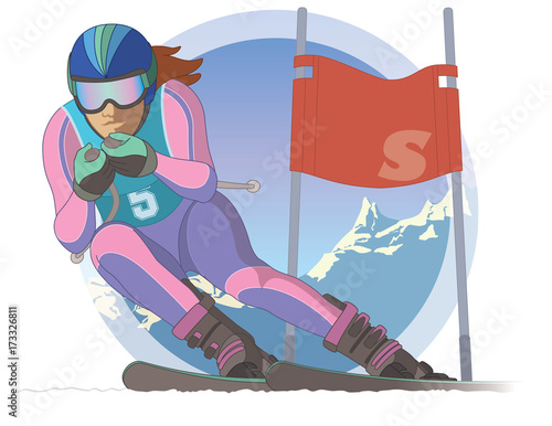 skier female, racing downhill with ski flag and mountains in the background