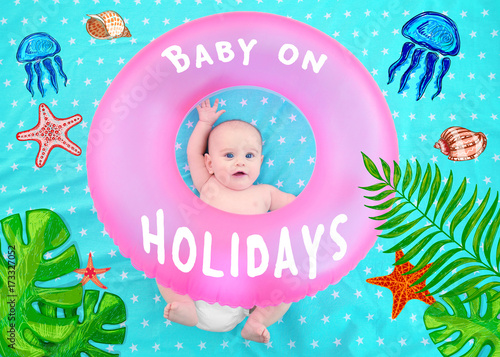 Cute baby with pink swim ri...