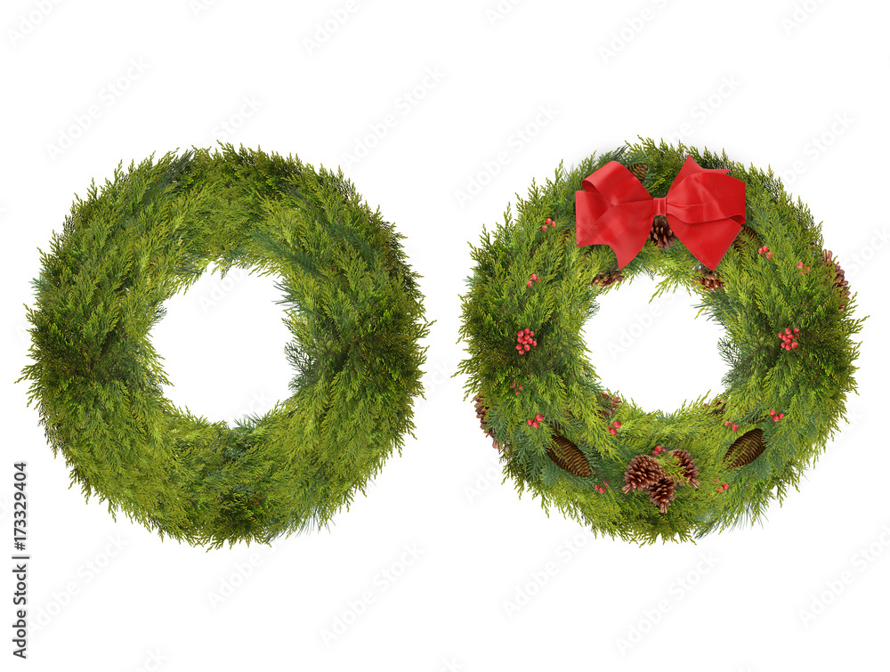 Two Christmas Wreaths, One Plain and One Decorated, Isolated on White