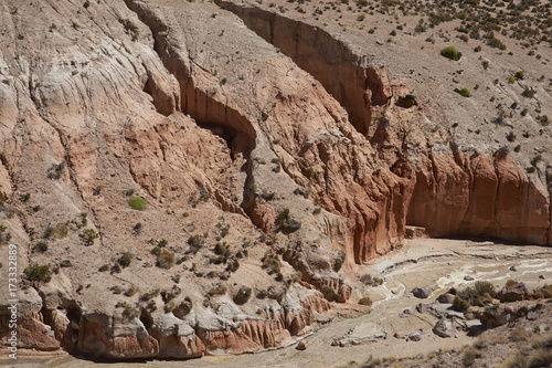 Colourful eroded rock formations along Quebrada Chuba, a river valley high on the Altiplano of northern Chile in Lauca National Park. photo