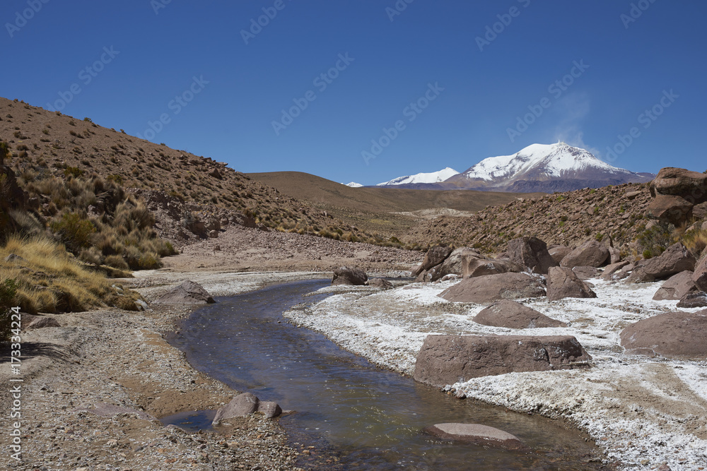 Meandering path of the River Chuba on the Altiplano of northern Chile in Lauca National Park. Snow capped peak of Volcano Guallatiri in the distance.