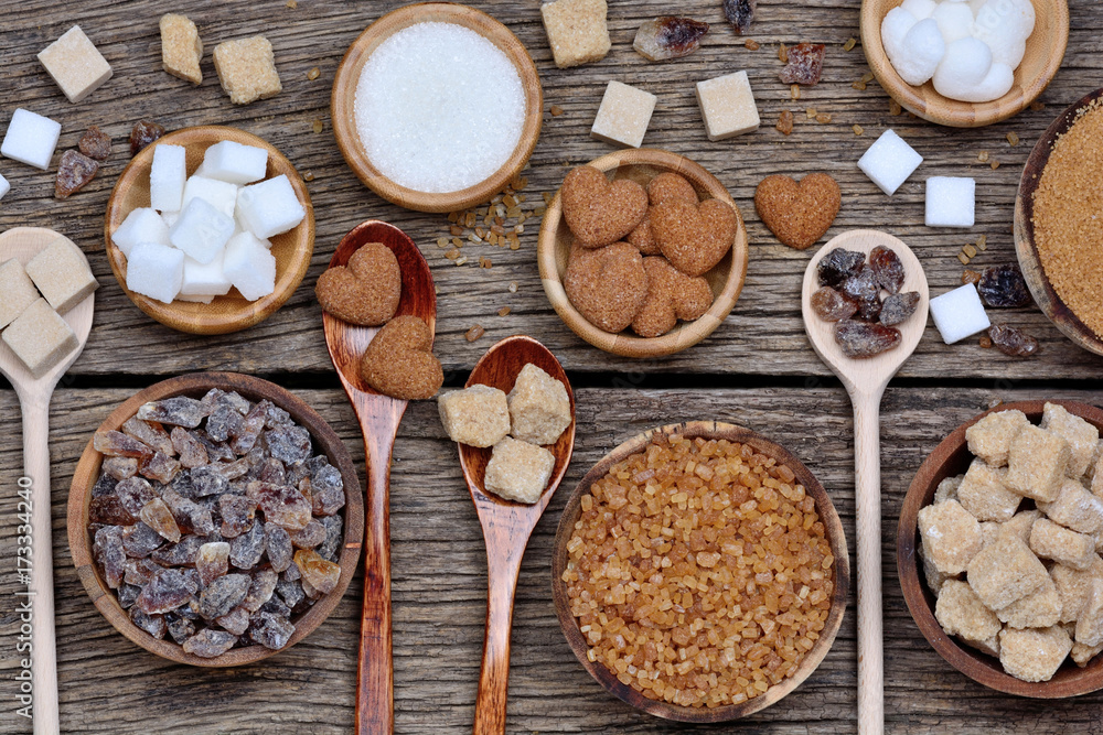 Various kinds of sugar on table Various kinds of sugar on table
