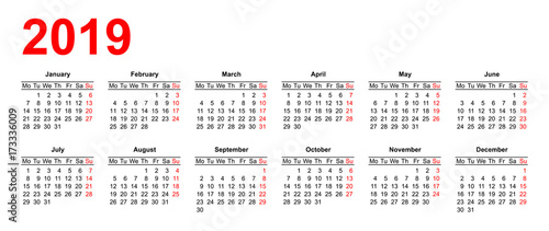 European calendar grid 2019 in vector