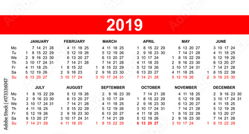 European calendar grid 2019 in vector
