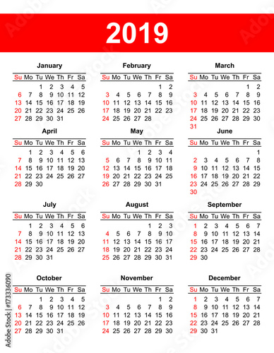 USA calendar grid 2019 in vector