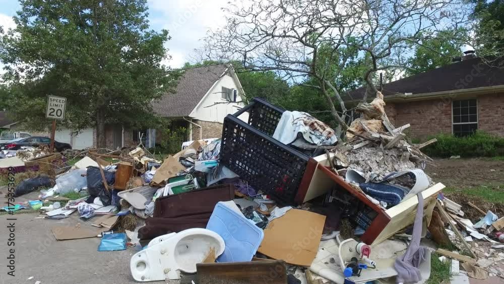 Devastated neighborhoods in Dickinson Texas. Trash and debris on the