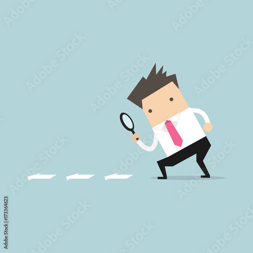 Businessman searching through a magnifying glass. Searching, details, clue concept. Flat cartoon style. Vector