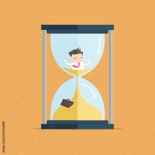 Businessman be trapped in hourglass and sinking in sand. Expired deadline, business time management, time is running out themes design. vector