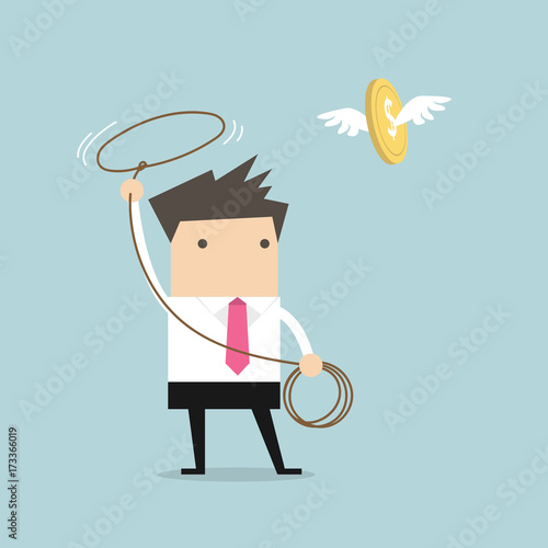 Businessman chasing flying money by rope, Financial concept. vector