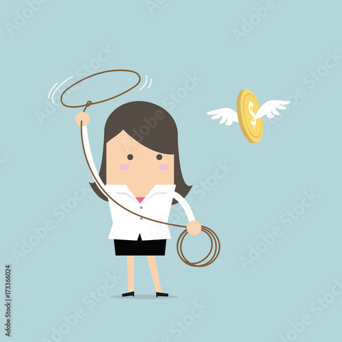 Businesswoman chasing flying money by rope, Financial concept. vector