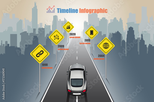Business road map timeline infographic designed for abstract background template milestone concepts modern technology digital presentation chart Sports cars through the city center Vector illustration