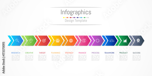 Infographic design elements for your business data with 10 options, parts, steps, timelines or processes, Arrow connect concept. Vector Illustration