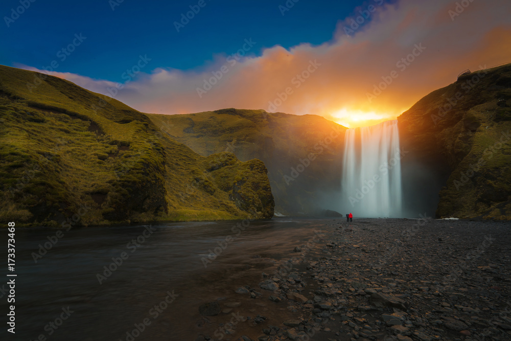 The famous Skogafoss waterfall in southern Iceland,