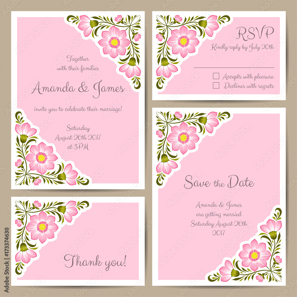 Set of wedding cards with hand drawn flowers. Vector illustration