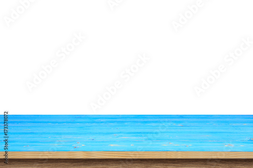 Blue wooden table or counter isolated on white background. For photo montage or product display