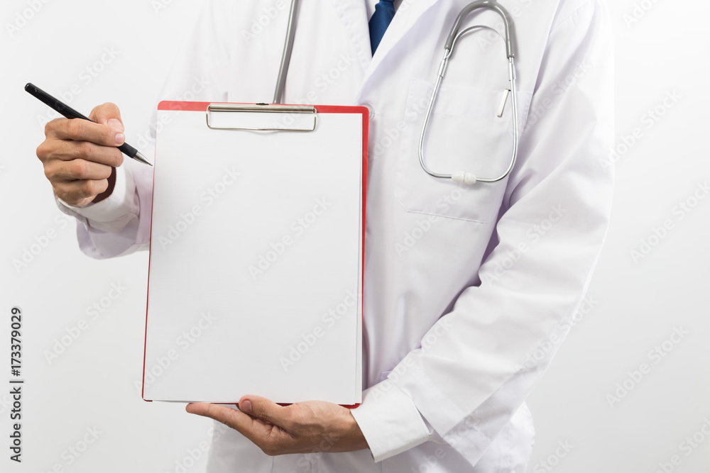 Doctor showing blank clipboard Isolated on white background. Doctor showing blank clipboard Isolated on white background.