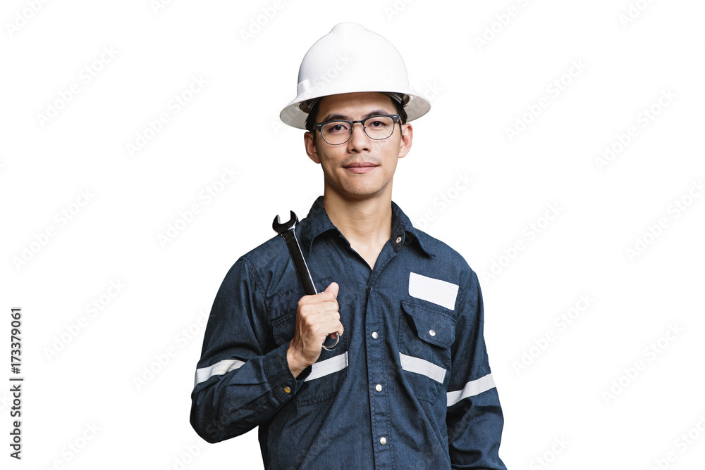 Asian man,Engineer or Technician in white helmet, glasses and blue working shirt suit holding wrench, isolated on white, mechanic and Oil and Gas industrial concept with clipping path Asian man,Engineer or Technician in white helmet, glasses and blue working shirt suit holding wrench, isolated on white, mechanic and Oil and Gas industrial concept with clipping path