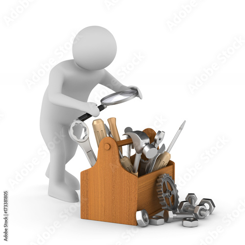 Man with magnifier and toolbox on white background. Isolated 3D illustration