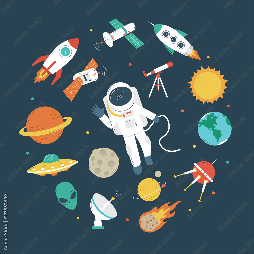Fototapeta Obiekty kosmiczne. Astronauta, rakieta, planety, UFO, satelita itp