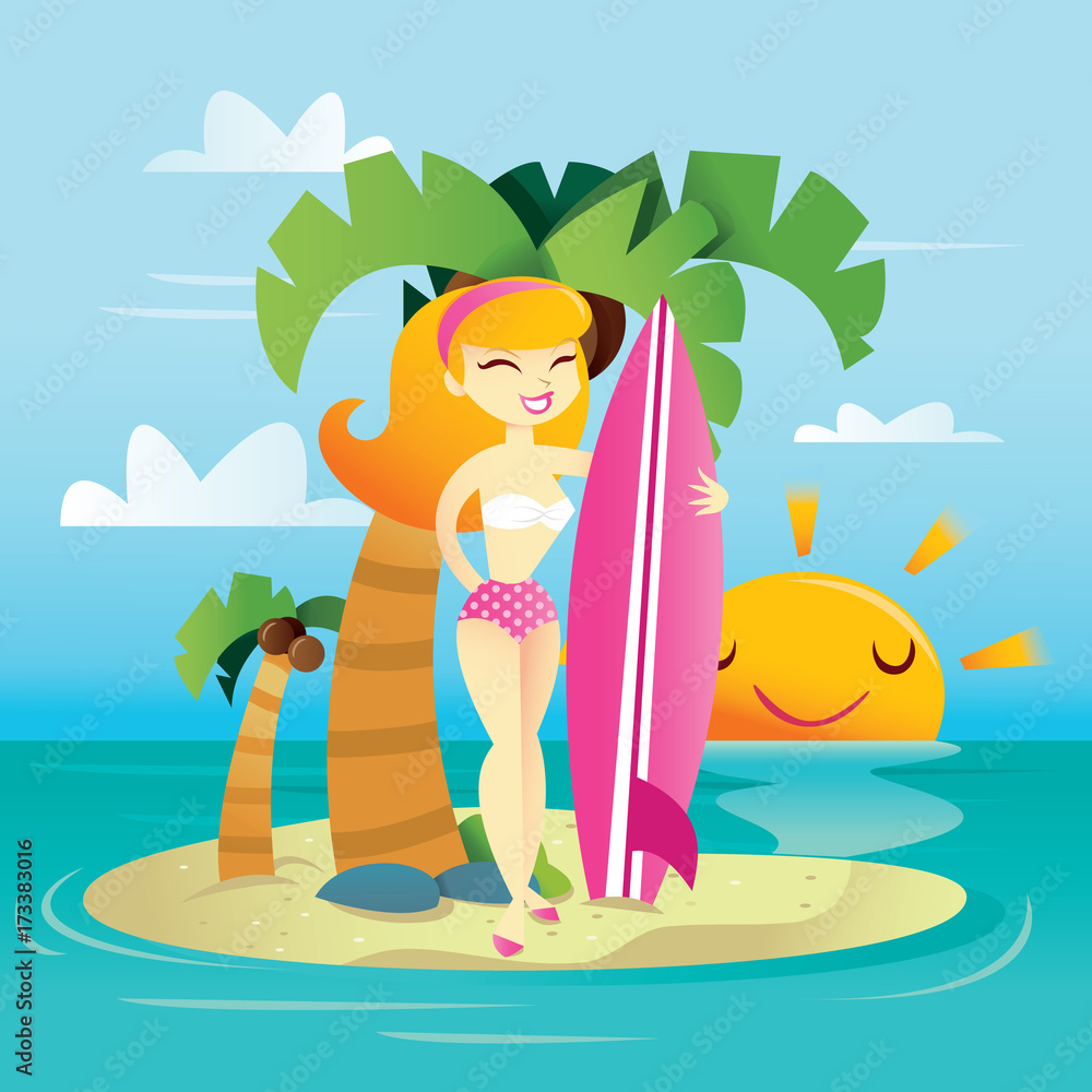 Happy Sunny Tropical Island Surfer Girl