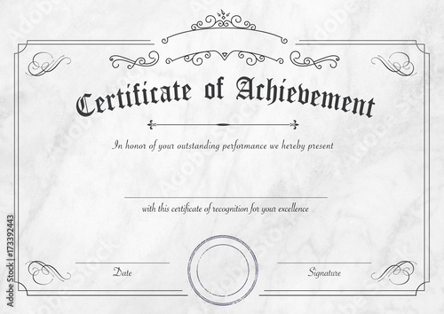 Retro certificate of achievement paper template with modern white marble textured
