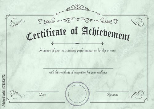 Retro certificate of achievement paper template with modern pastel green marble textured