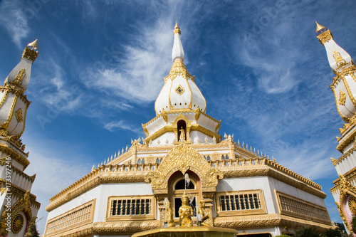 Billede på lærred Silhouette of The Buddha Statue in Phra Maha Chedi Chai Mongkol Temple in Thailand (Generality in Thailand, and kind of art decorated in Buddhist church, temple pavilion, temple hall