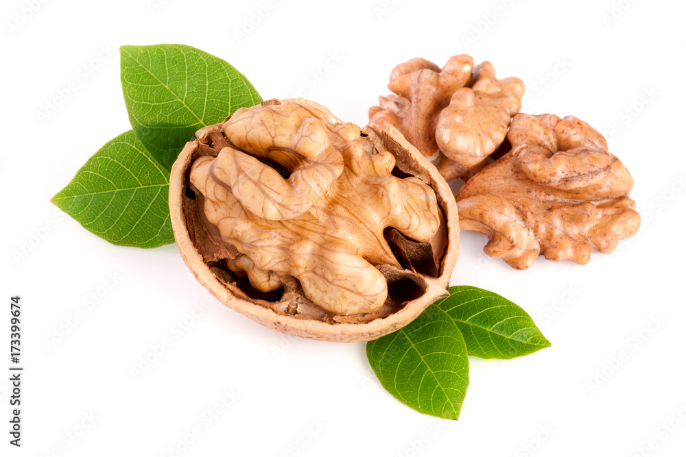 Walnut with leaf isolated on white background