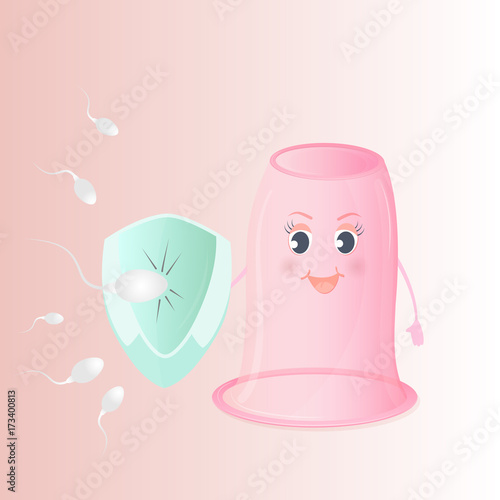 Spermatozoon attack the female vaginal condom, which keeps the shield. World Contraception Day. Cartoon characters