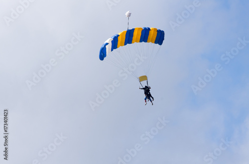 Tandem parachutists from behind