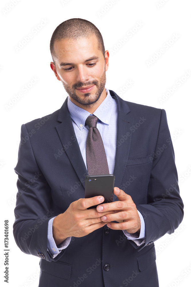 Businessman sending message in his smartphone, isolated on a white background Businessman sending message in his smartphone, isolated on a white background