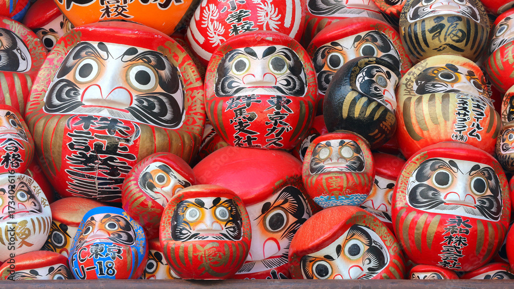 2017 09 19. Gunma Japan. A stack Daruma or japanese lucky dolls which included a wish of people at Shorinzan Darumaji Temple.