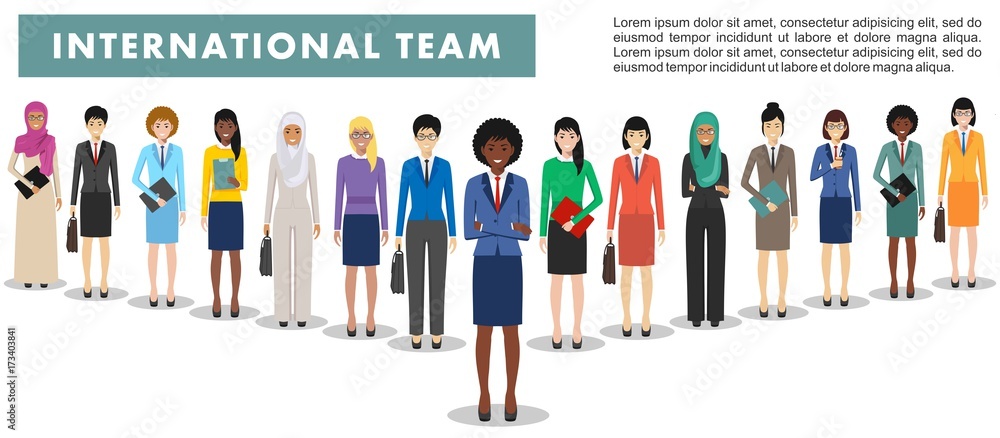Obraz premium Group of business women standing together on white background in flat style. Business team and teamwork concept. Different nationalities and dress styles. Flat design people characters.