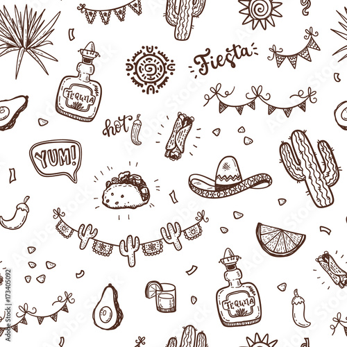 Mexican holidays pattern with doodle party elements