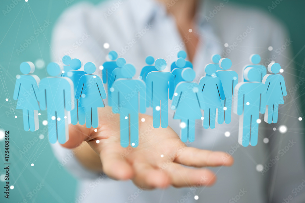 Businesswoman holding and touching 3D rendering group of blue people Businesswoman holding and touching 3D rendering group of blue people