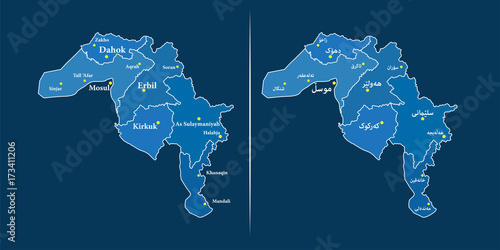 Iraqi Kurdistan region (Southern Kurdistan) map with city boarders photo
