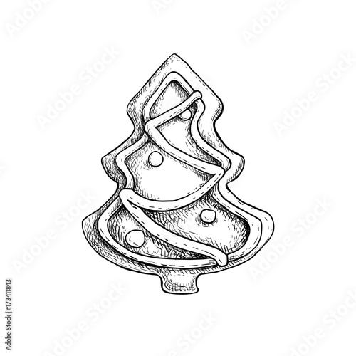 Hand drawn sketch xmas tree icing decorated. Traditional Christmas cookie. Vector hand made illustration.