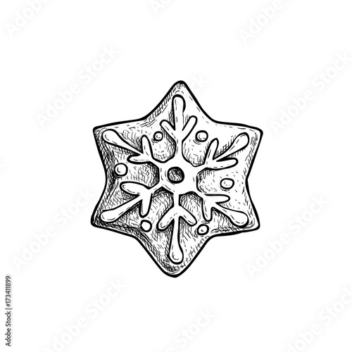 Hand drawn sketch snowflake star icing decorated. Traditional Christmas cookie. Vector hand made illustration.