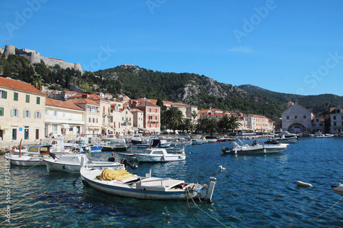View to the Castle in Hvar from promenade, Croatia 