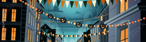 City Decorated For Halloween Celebration Home Building With Pumpkins, Garlands Holiday Night Party Concept Flat Vector Illustration