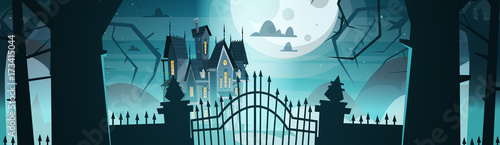 Gothic Castle Behind Gates In Moonlight Scary Building With Ghosts Halloween Holiday Concept Flat Vector Illustration