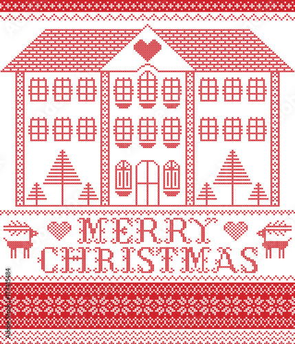 Merry Christmas Winter Nordic style and inspired by Scandinavian Christmas pattern  in cross stitch including tall gingerbread house with reindeer, snowflake, decorative seamless ornate pattern in red