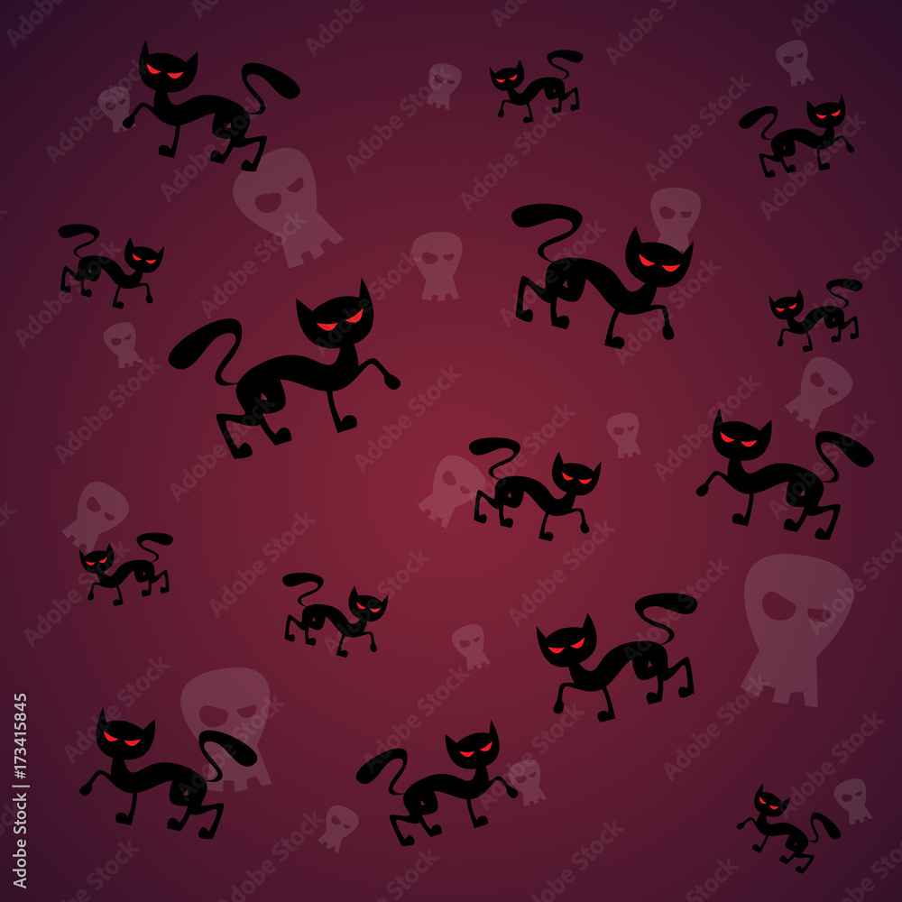 Seamless Pattern With Black Cat And Skull Happy Halloween Banner Traditional Decoration Horror Party Greeting Card Flat Vector Illustration
