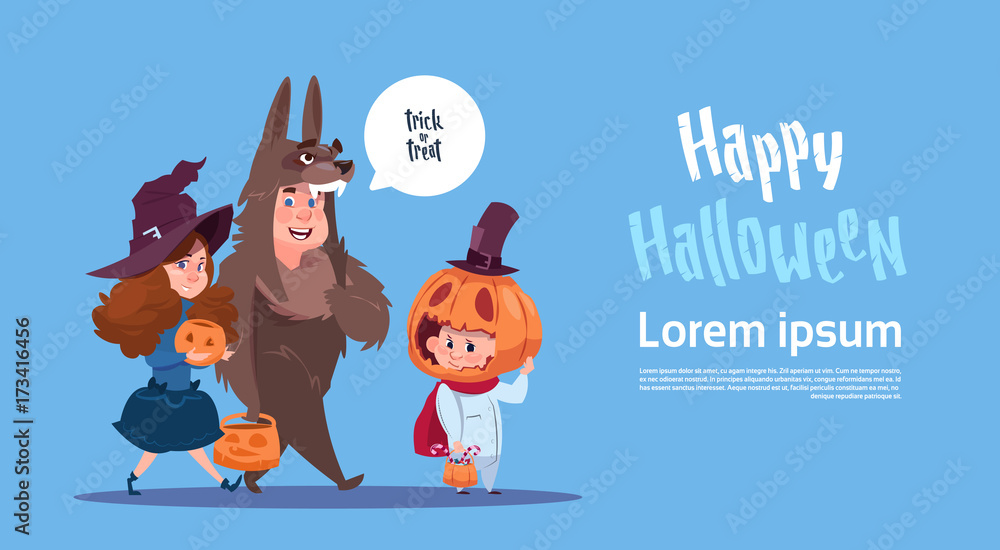 Fototapeta premium Cute Kids Wear Monsters Costume, Happy Halloween Banner Party Celebration Concept Flat Vector Illustration