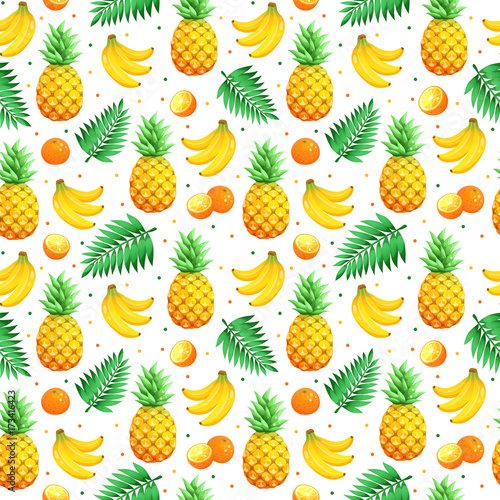 Tropical fruits isolated on white background. Tiled summer pattern from pineapples and palm leaves, bananas and oranges. Fresh tropical fruits seamless background.