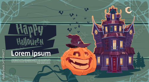 Happy Halloween Gothic Castle With Ghosts And Pumpkin Holiday Greeting Card Concept Flat Vector Illustration