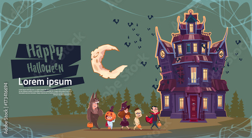Happy Halloween Cute Monsters Walking To Gothic Castle With Ghosts Holiday Greeting Card Concept Flat Vector Illustration
